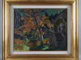 an oil painting of a forest scene in a gold frame