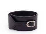 a close up of a black leather bracelet with a metal buckle