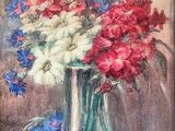 a painting of flowers in a vase on a table