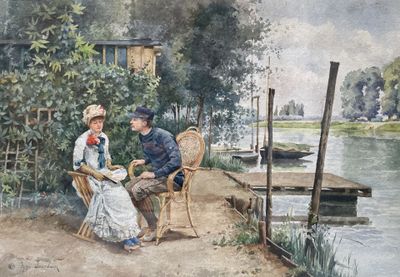a painting of a man and a woman sitting on a bench by the water