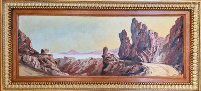 an oil painting of a mountain scene with a road in the foreground