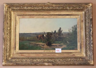 une image représentant un tableau où l'on voit une calèche tirée par des chevaux dans un champ