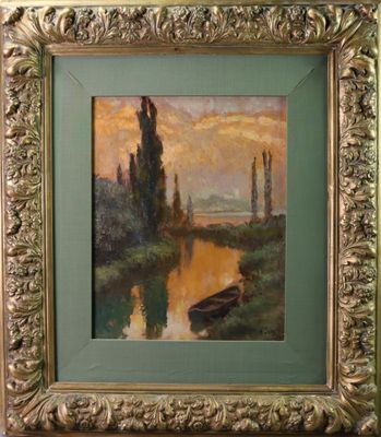 une image d'une peinture représentant un bateau sur une rivière