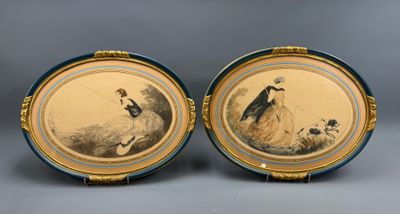 pair of 19th century french hand painted porcelain plates depicting a woman and a child