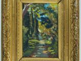 un tableau représentant un sentier dans un parc, avec des arbres et des buissons