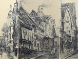 croquis d'une rue de la ville avec des immeubles et des passants