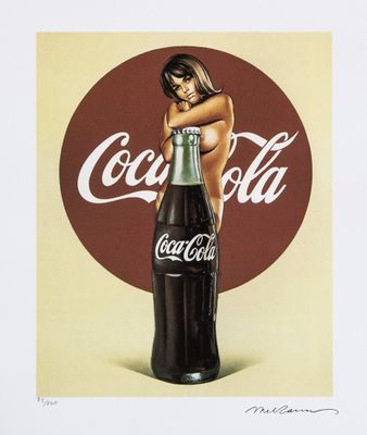 a painting of a woman leaning on a coca cola bottle