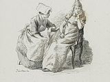 drawing of a man and a woman sitting on a chair