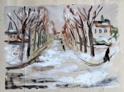 un tableau représentant une personne marchant dans une rue enneigée