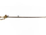 a sword with a brass handle and a wooden handle