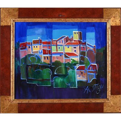 painting of a painting of a village with a church in the background