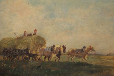 tableau représentant un groupe de chevaux tirant une charrette chargée de foin