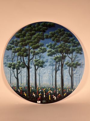 un tableau représentant un groupe de personnes dans une forêt