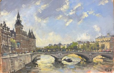 peinture d'un pont sur une rivière avec des bâtiments en arrière-plan