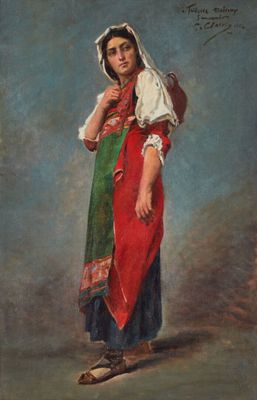 un tableau représentant une femme vêtue d'une robe rouge et verte