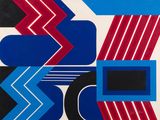 an image of a blue, red and black abstract painting on a white background