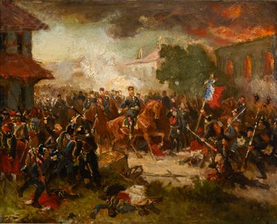 tableau représentant un grand groupe d'hommes rassemblés autour d'une calèche