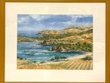 aquarelle encadrée représentant une vue sur l'océan et les collines