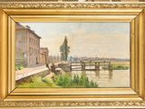 an oil painting of a bridge over a river with a building in the background
