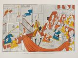 une image représentant un tableau où l'on voit un homme conduit dans une salle d'audience par une femme