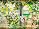 an oil painting of a garden scene with a bench and flowers