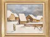 painting of a woman walking in the snow in front of a barn