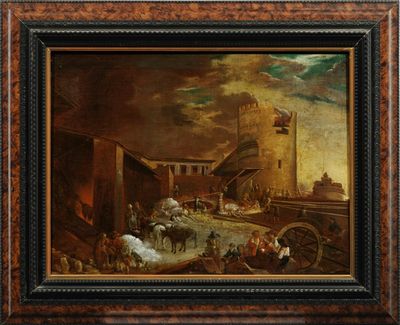 une peinture à l'huile sur toile représentant une scène de rue avec des chevaux et des calèches