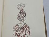 a drawing of a woman with a bowl on her head