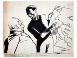 cartoon drawing of a man holding a knife and pointing to a map