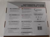 packaging of a notebook stand with cooling fans on top of it