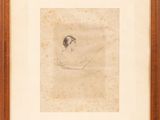 a drawing of a woman sitting in a chair with her legs crossed