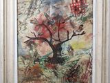 une peinture à l'huile représentant un arbre aux feuilles rouges sur fond de ciel