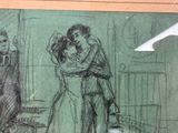 a drawing of a man hugging a woman in a room