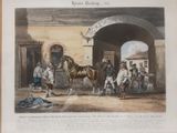 un dessin représentant un cheval conduit dans une écurie par un homme