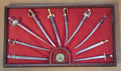 a lot of swords in a display case on the wall