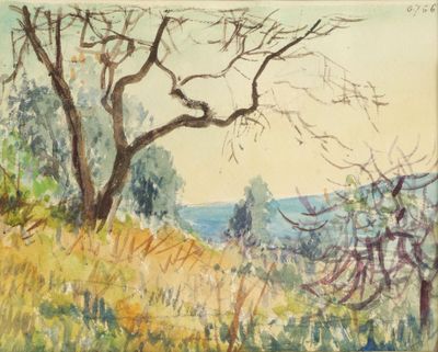 une image d'une peinture représentant un arbre dans un champ