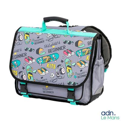 an image of a gray and blue lunch bag with cartoon characters on it