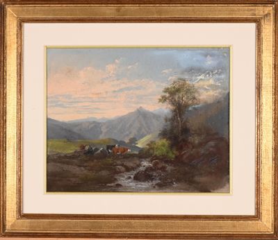 une image représentant un tableau montrant du bétail dans un paysage montagneux