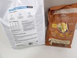 a bag of food sitting next to a bag of rice