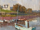 un tableau représentant un bateau sur l'eau, avec une maison en arrière-plan