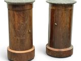 pair of marble top end tables with wooden bases