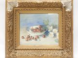tableau représentant un bol de cerises et de marguerites posé sur une table