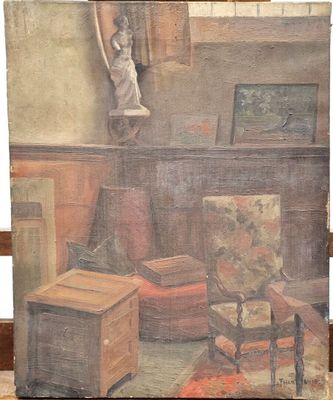 painting of a living room with furniture and a statue on the wall