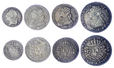 six types différents de pièces d'argent sur fond blanc