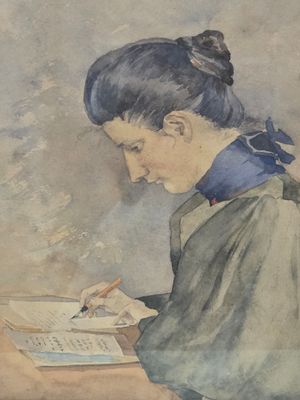 painting of a woman sitting at a table writing in a book