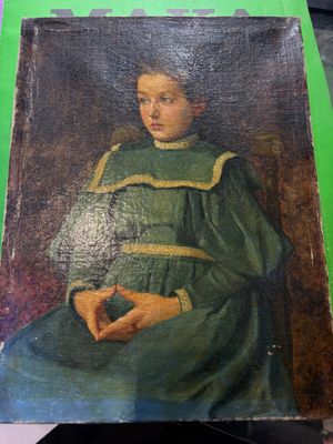 painting of a young boy in a green dress sitting in a chair