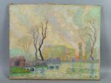 une peinture à l'huile représentant une rivière avec des arbres et des bâtiments en arrière-plan