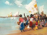 painting of a group of people on a beach with a boat in the background