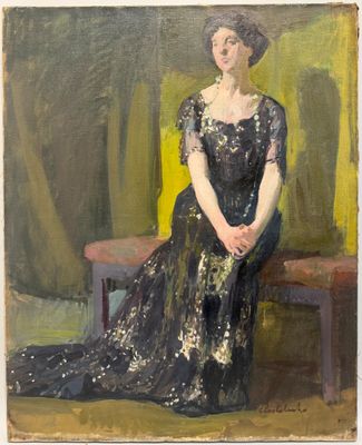 tableau représentant une femme en robe noire assise sur un banc
