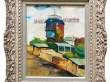 une peinture à l'huile représentant un train passant devant un bâtiment situé le long de la voie ferrée